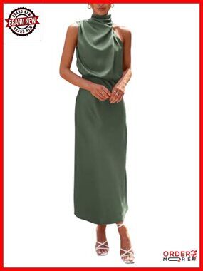 Satin Maxi Dress Sleeveless Mock Neck Cocktail Party Elegant Summer Formal